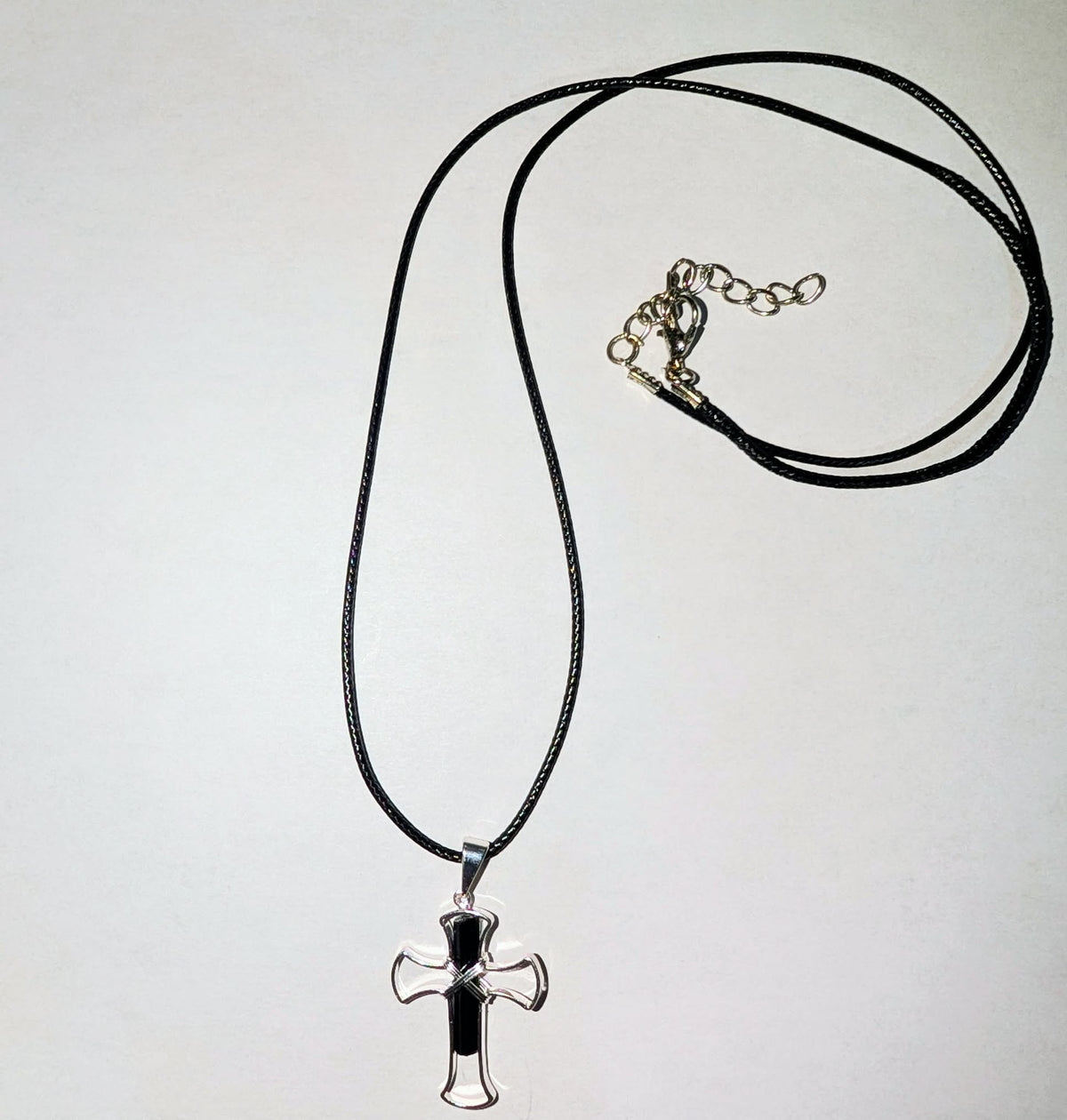 Black Tourmaline Rough Shard in Silver Cross Pendant with Cord