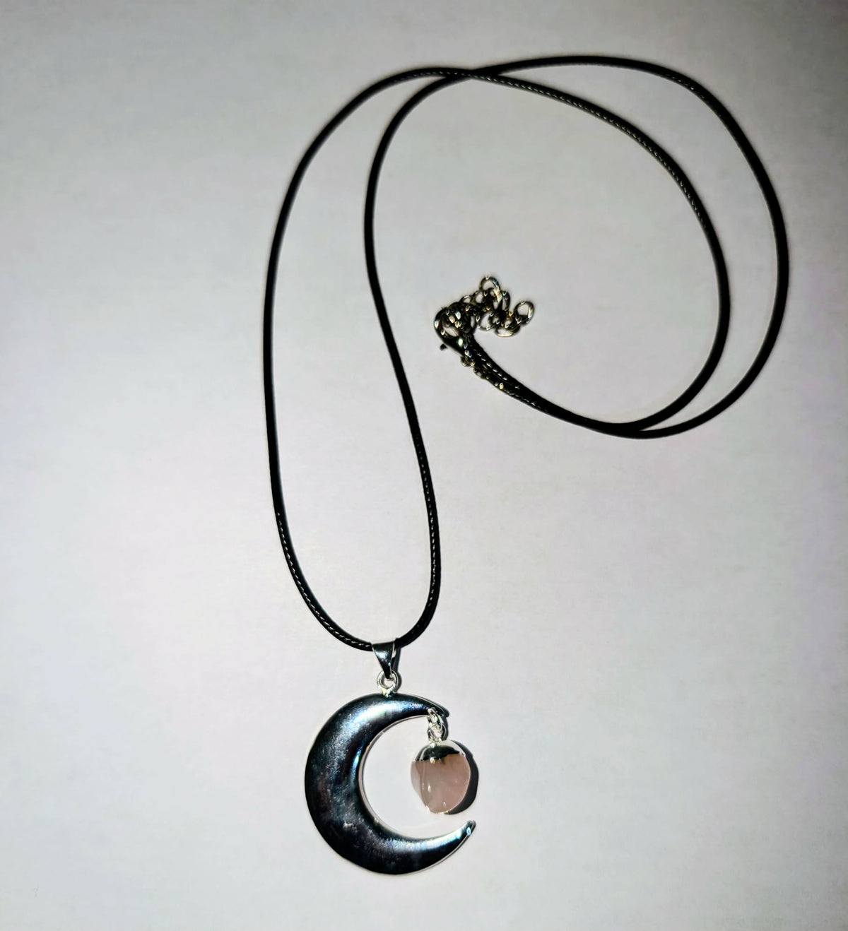 Silver-Plated Moon Pendant with Tumbled Rose Quartz and Cord
