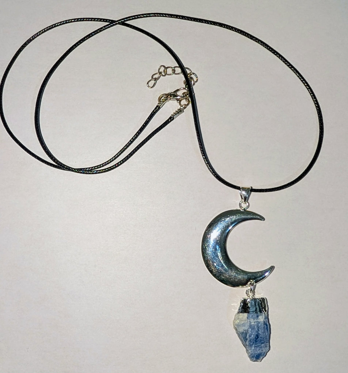 Silver Plated Moon Pendant with Blue Kyanite and Cord