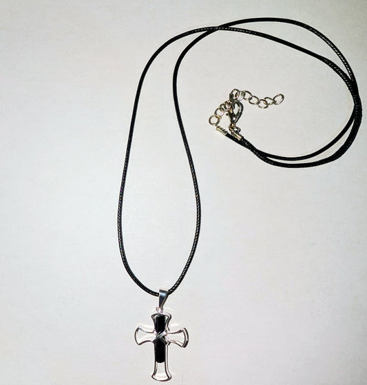 Black Tourmaline Rough Shard in Silver Cross Pendant with Cord