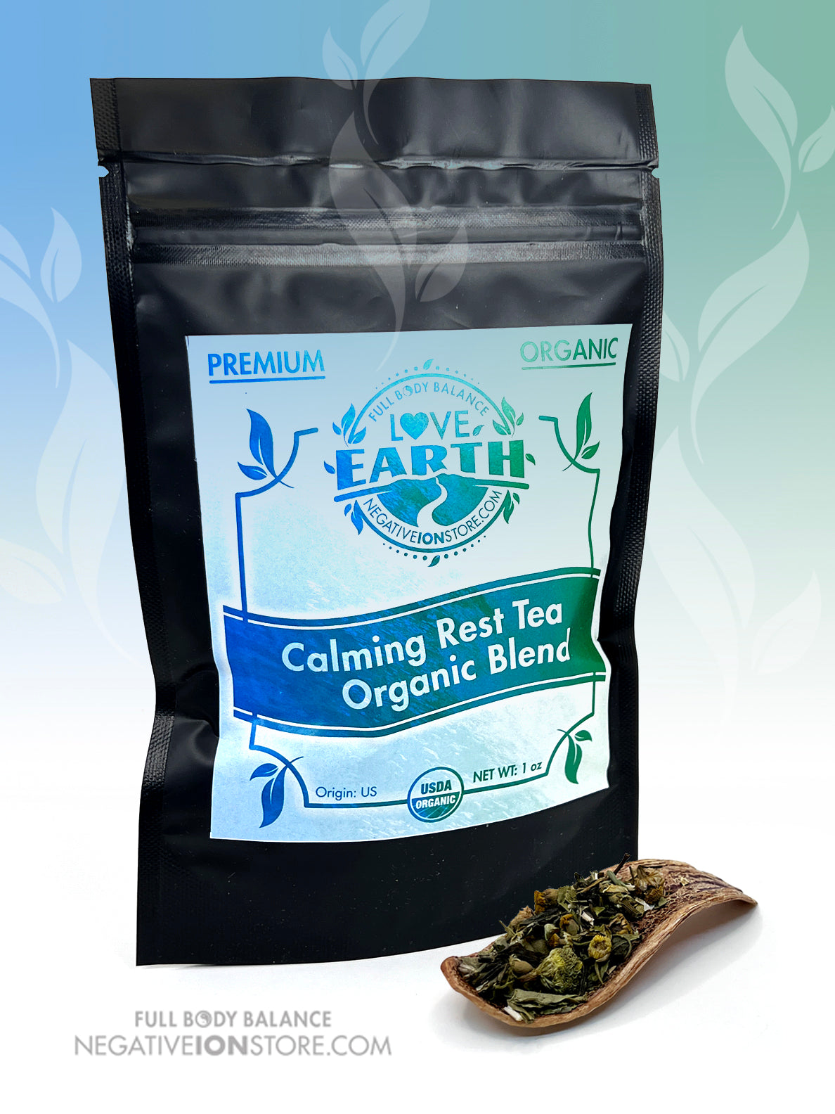Enjoy Love Earth Organic Calming Rest Tea, a delicate herbal blend of chamomile, peppermint, and complementary herbs with a hint of natural sweetness.