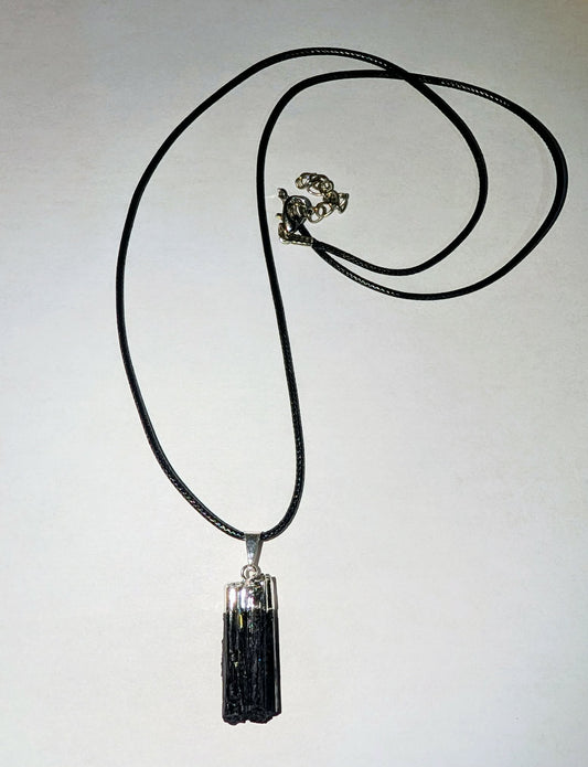 Silver-Plated Black Tourmaline Raw Crystal Pendant with Cord