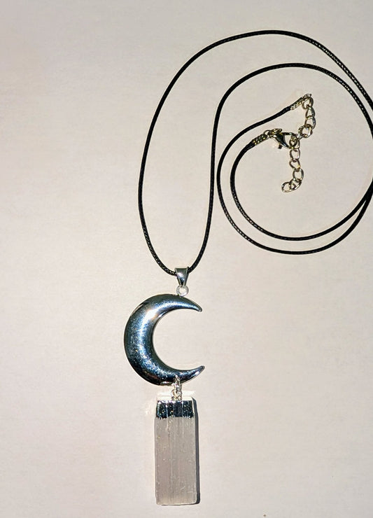 Silver-Plated Moon Pendant with Selenite and Cord