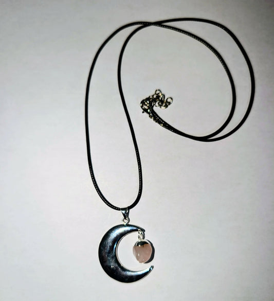 Silver-Plated Moon Pendant with Tumbled Rose Quartz and Cord