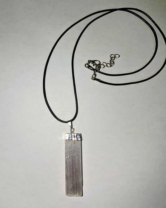 Silver-Plated Selenite Raw Crystal Pendant with Cord